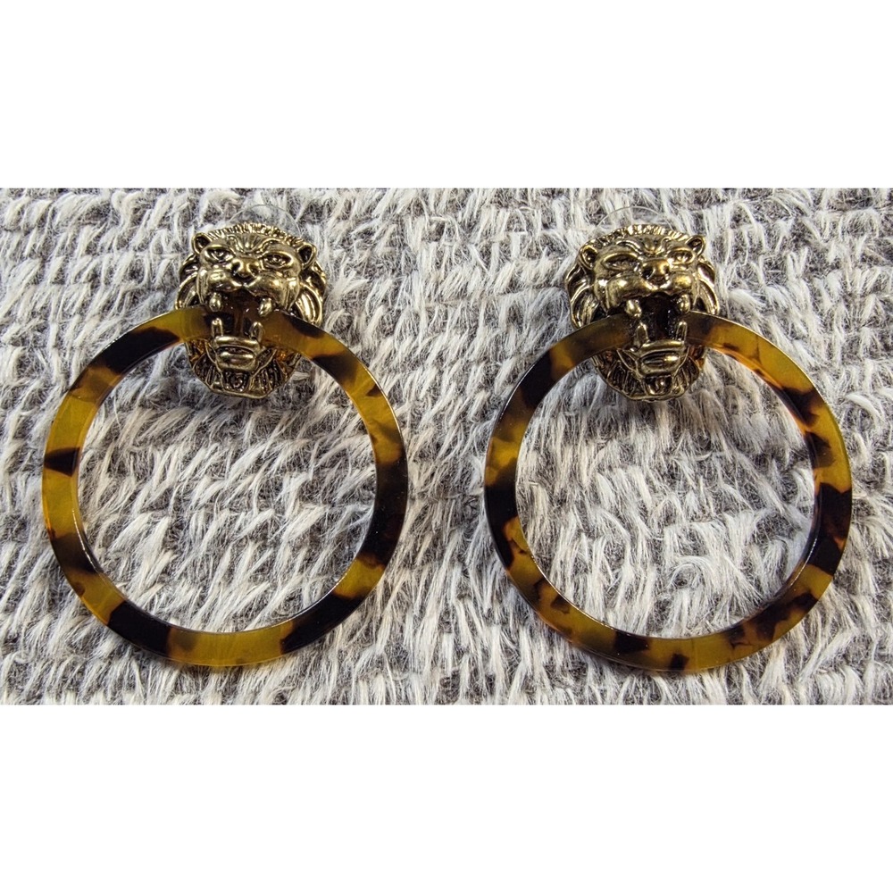 Vintage Earrings Lion Head Faux Shell Hoop